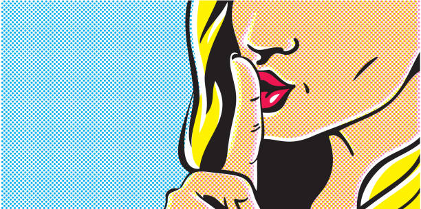 ilustraciones, imágenes clip art, dibujos animados e iconos de stock de arte pop shhh mujer, mujer con el dedo en los labios, gesto, bandera de mujer de estilo pop art, callar el silencio - secreto ilustraciones