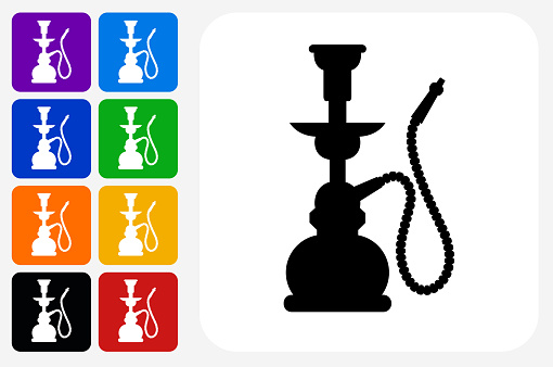 Hookah Icon Square Button Set. The icon is in black on a white square with rounded corners. The are eight alternative button options on the left in purple, blue, navy, green, orange, yellow, black and red colors. The icon is in white against these vibrant backgrounds. The illustration is flat and will work well both online and in print.