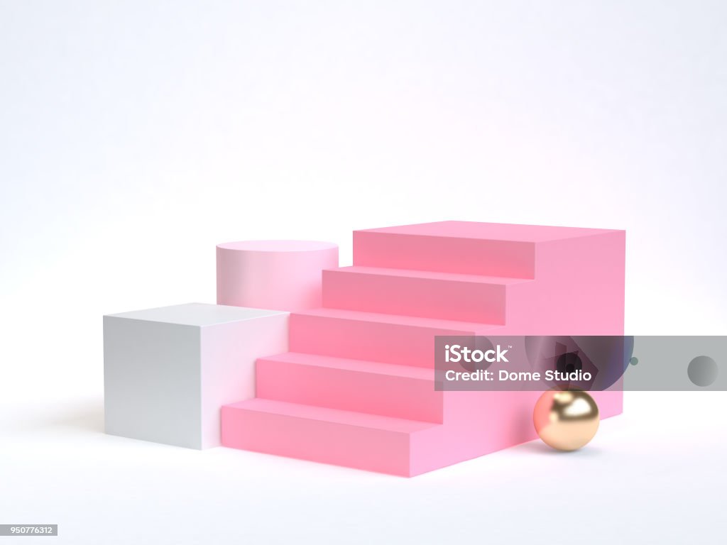 pink staircase-stairway 3d rendering white background gold sphere Staircase Stock Photo