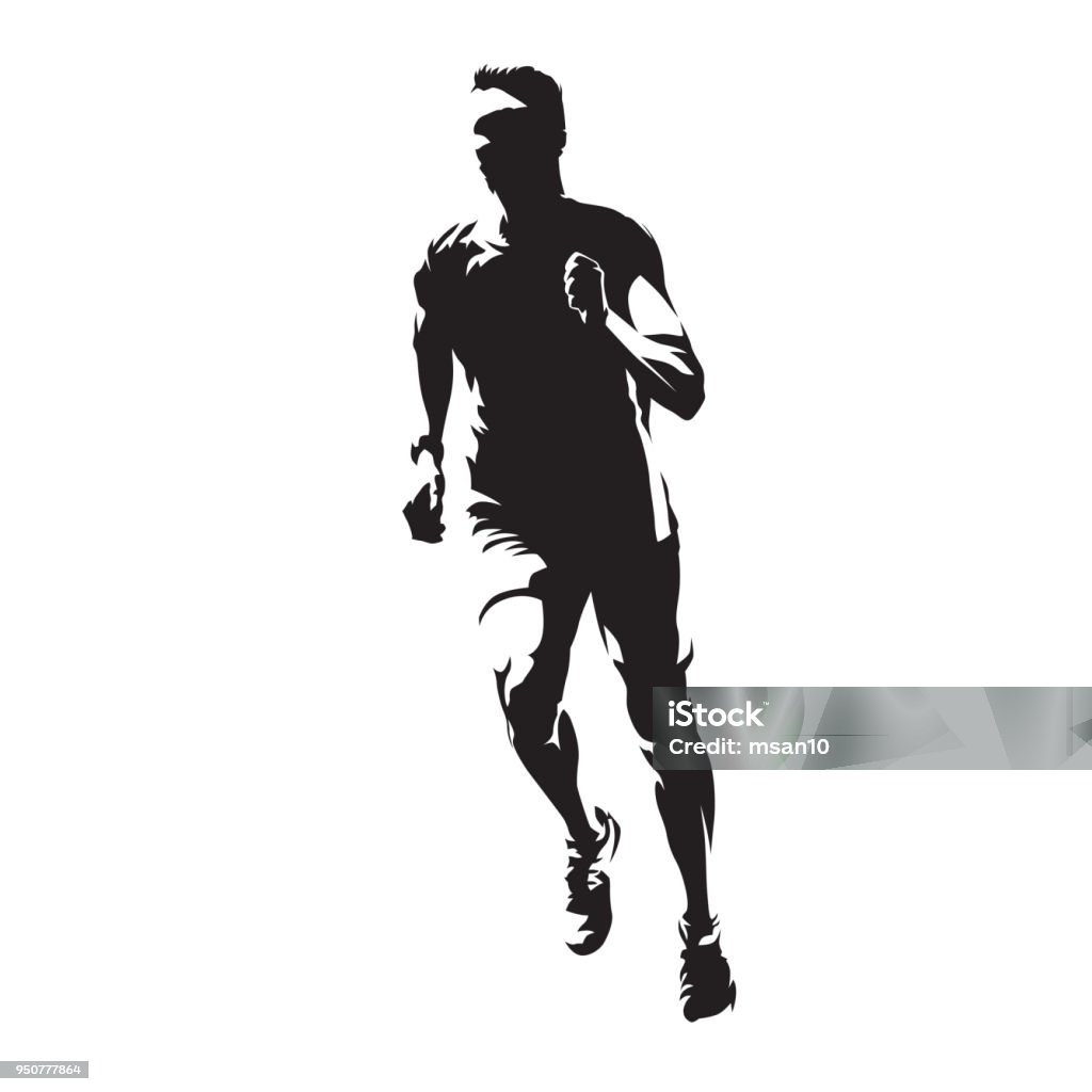 Running homme, vue de face, mode de vie sain, silhouette vecteur isolés. Exécuter, athlétisme - clipart vectoriel de Courir libre de droits