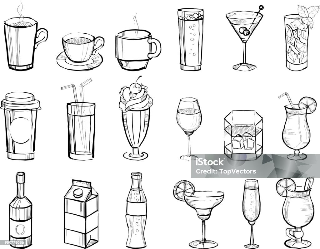 Handgezeichnete Getränke und alkoholische Cocktails groß eingestellt Doodle-Vektor-illustration - Lizenzfrei Getränk Vektorgrafik