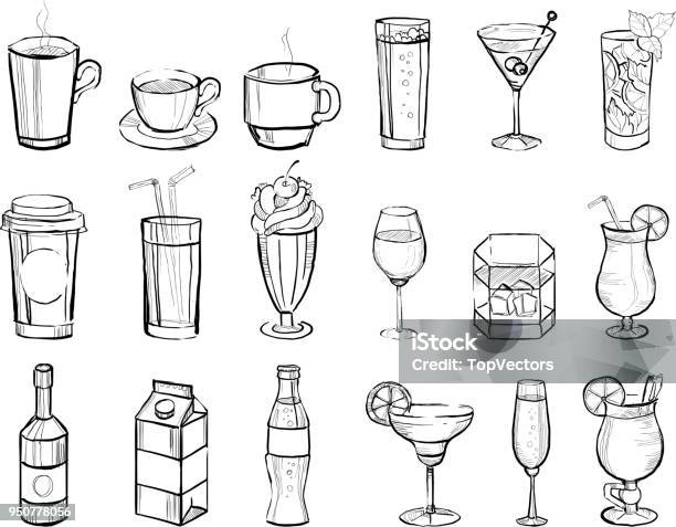 Handgezeichnete Getränke Und Alkoholische Cocktails Groß Eingestellt Doodlevektorillustration Stock Vektor Art und mehr Bilder von Getränk