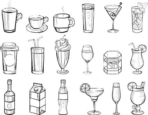 ilustrações de stock, clip art, desenhos animados e ícones de hand drawn drinks and alcoholic cocktails big set doodle vector illustration - chávena ilustrações