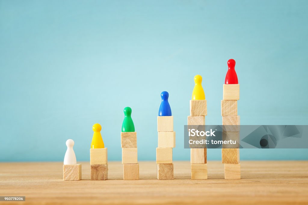 concept image of hand putting figure on top of chart, human resources and management concept. concept image of hand putting figure on top of chart, human resources and management concept Hierarchy Stock Photo