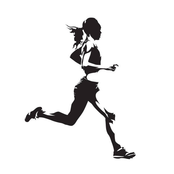 Running woman, abstract vector silhouette, side view Running woman, abstract vector silhouette, side view track and field stock illustrations