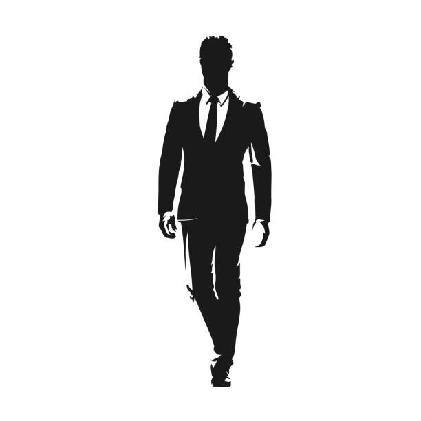 ilustrações de stock, clip art, desenhos animados e ícones de businessman walking in suit, isolated vector silhouette. front view - forward fold