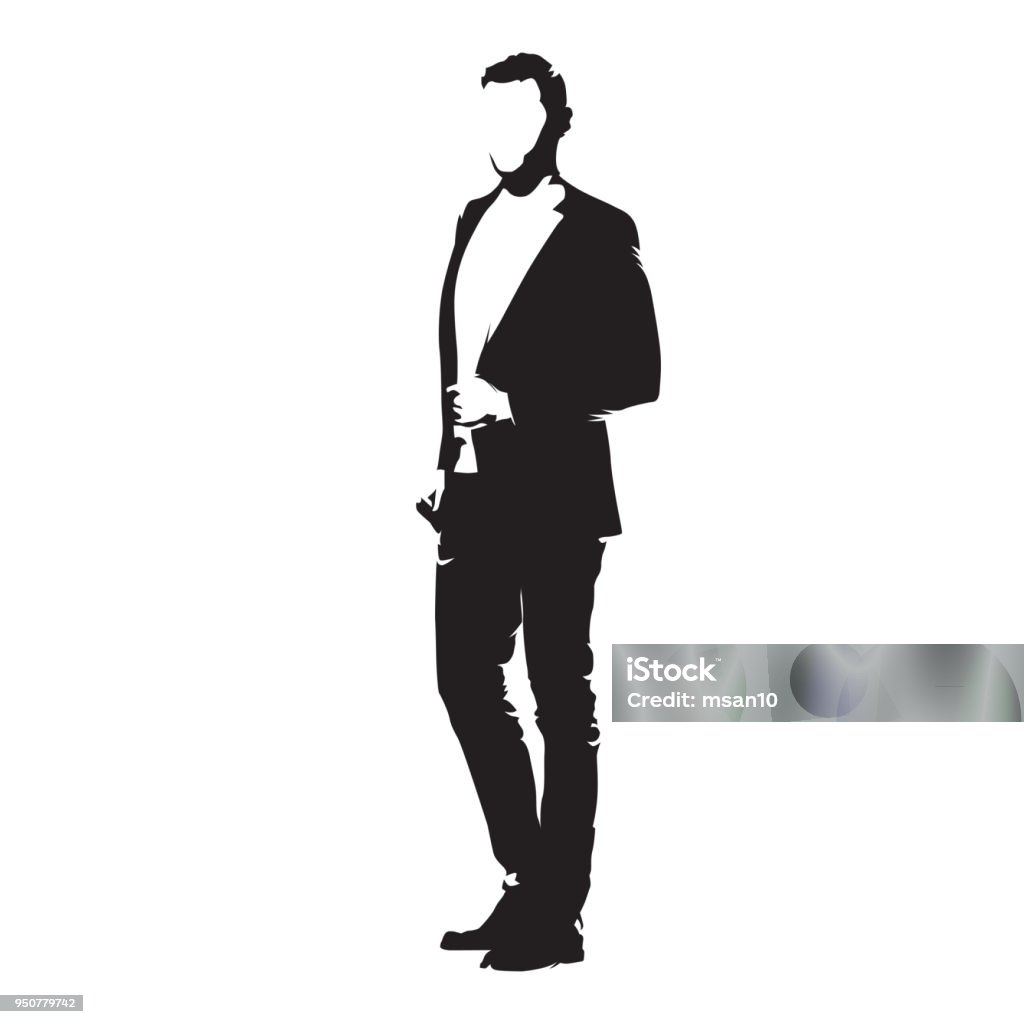 Businessman standing in suit, isolated vector silhouette. Side view Men stock vector