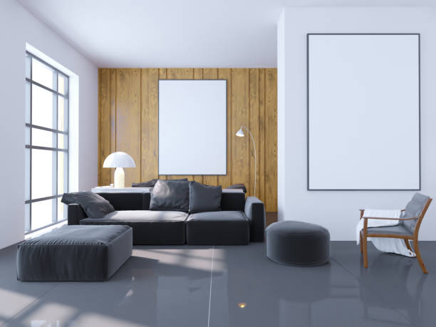 istock Bright concrete room with empty poster. Gallery, exhibition, advertising concept. Mock up, 3D illustration 950779940
