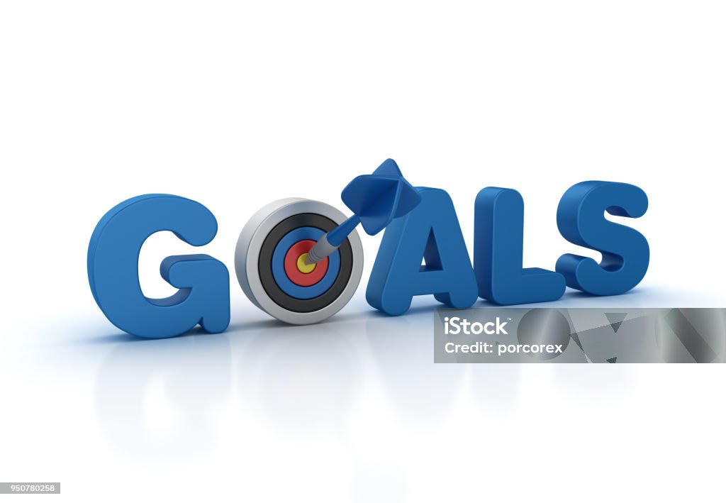 Goals 3D Word with Target and Dart - 3D Rendering Goals 3D Word with Target and Dart - White Background - 3D Rendering Aspirations Stock Photo