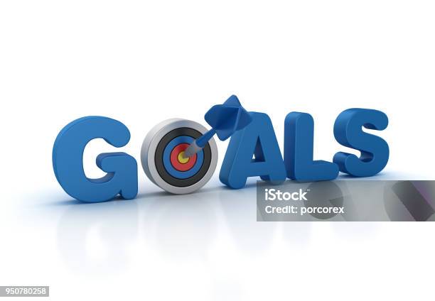 Goals 3d Word With Target And Dart 3d Rendering Stock Photo - Download Image Now - Aspirations, Sports Target, Dart