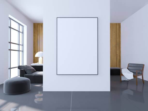 istock Bright concrete room with empty poster. Gallery, exhibition, advertising concept. Mock up, 3D illustration 950782980