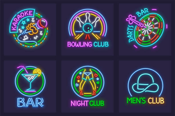 Set of neon signs for nighttime entertainment Set of neon signs for nighttime entertainment facilities. Karaoke bar, Bowling Club,  darts, striptease and mens club. EPS10 vector illustration. cricket bowler stock illustrations