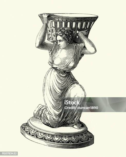 Victorian Decor Statue Of Awoman Holding A Basket Stock Illustration - Download Image Now - 1850-1859, 19th Century, Antique