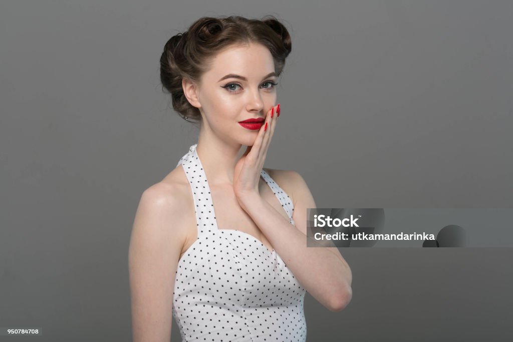 Pin Up Girl Vintage Beautiful Woman Pinup Style Portrait In Retro Dress And Makeup  Manicure Nails Hands Red Lipstick And Polka Dot Dress Stock Photo -  Download Image Now - iStock