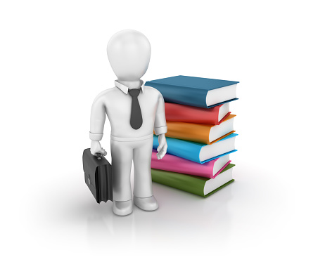 Stack of Books with Business Character  - White Background - 3D Rendering