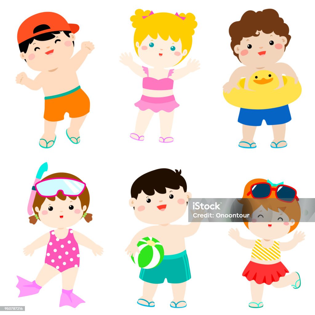 여름 수영복 벡터에서 다문화 귀여운 아이 계절에 대한 스톡 벡터 아트 및 기타 이미지 - 계절, 공-스포츠 장비, 귀여운 - Istock