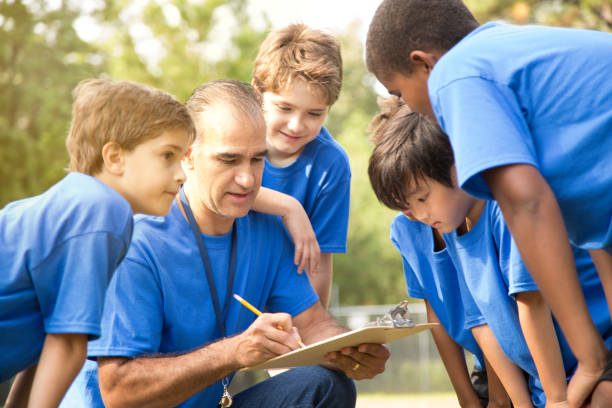 istock Soccer team coach explains next play to his children's team. 950791232