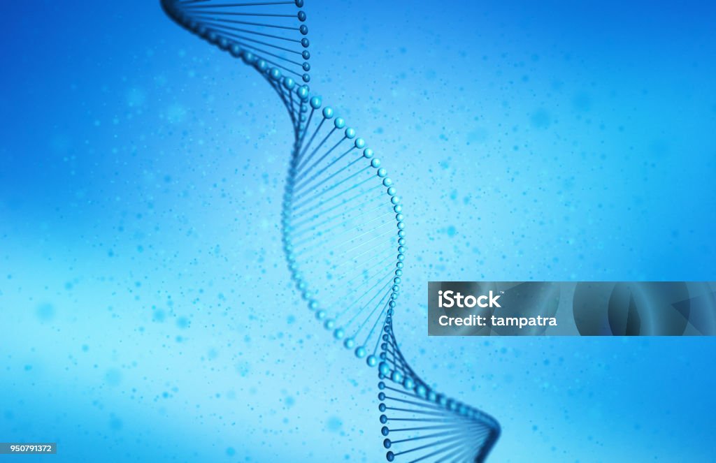 ADN, modelo helix en salud y medicina en el concepto de tecnología sobre fondo azul, Ilustración 3d - Foto de stock de ADN libre de derechos