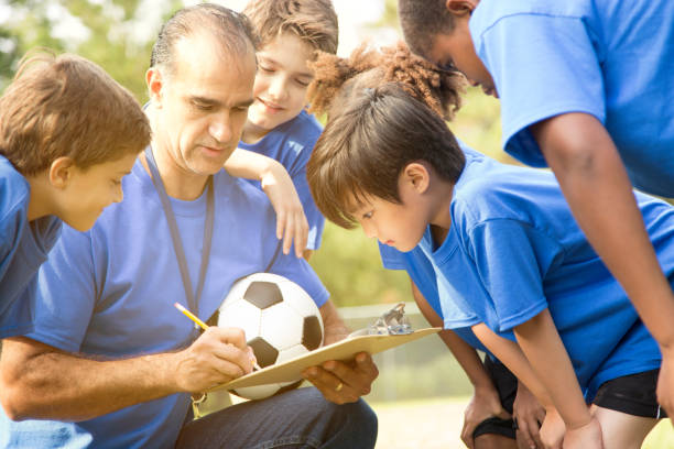 istock Soccer team coach explains next play to his children's team. 950791382