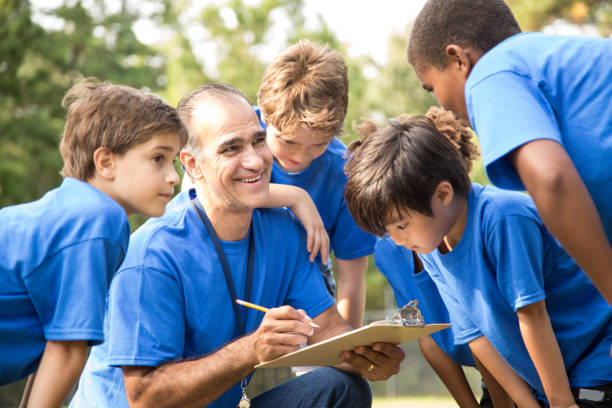 istock Soccer team coach explains next play to his children's team. 950791650