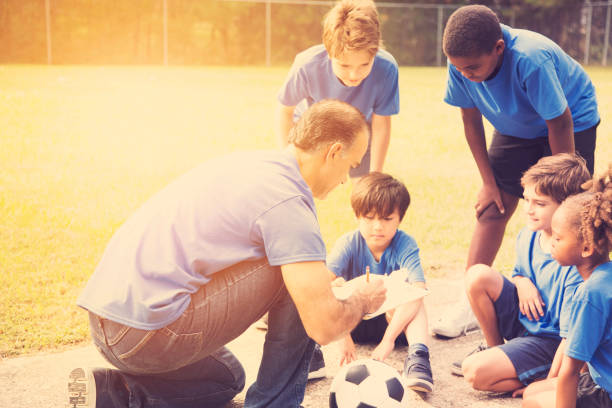istock Soccer team coach explains next play to his children's team. 950791760