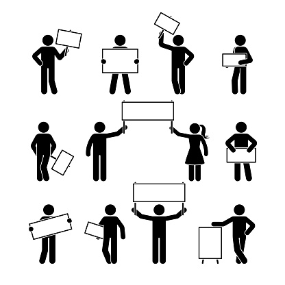 Stick figure showing empty banner set. Vector illustration of people holding blank on white