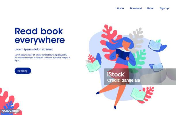 Woman Read Book Read Book Everywhere Landing Page Illustration Stock Illustration - Download Image Now