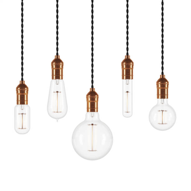 istock Set of vintage glowing light bulbs on white background. 3D rendering. 950798066