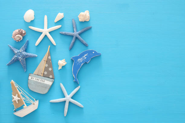 istock nautical, vacation and travel banner with sea life style objects. Top view. 950801604