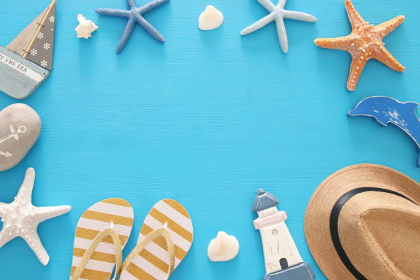 istock nautical, vacation and travel image with sea life style objects. Top view. 950801626