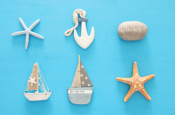 istock nautical, vacation and travel banner with sea life style objects. Top view. 950801632