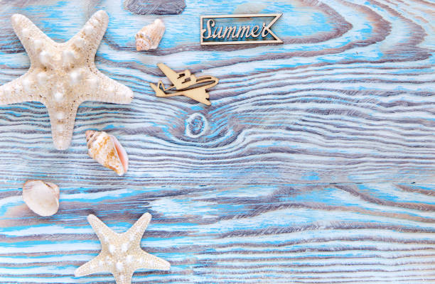 istock Summer sea background - shells, star on a wooden blue background with copy space 950803168