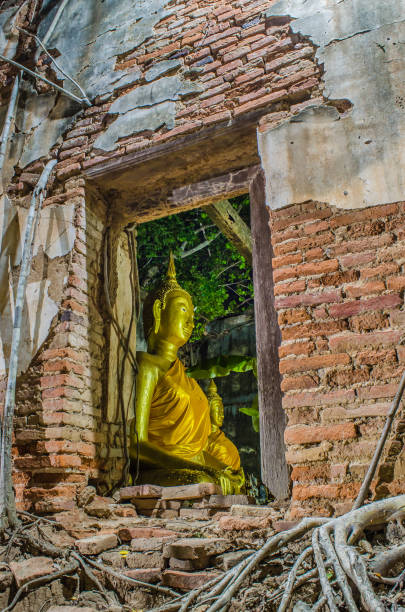 bouddha dans la fenêtre de canal et le vieux mur - sculpture contemporary buddha sparse photos et images de collection