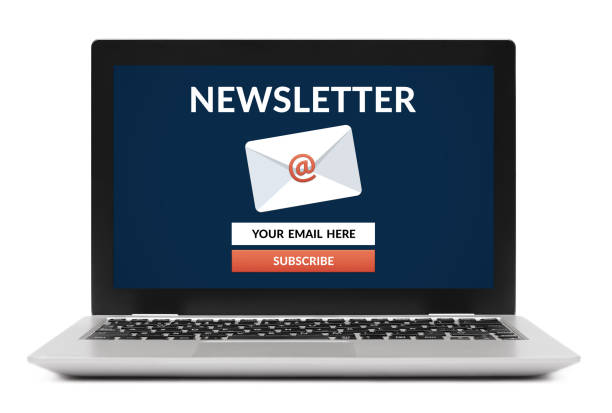 Subscribe newsletter concept on laptop computer screen. Isolated on white background. All screen content is designed by me.