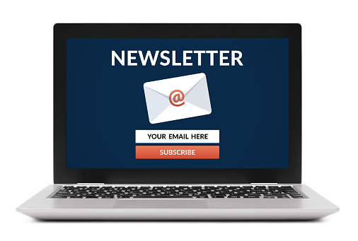 Subscribe newsletter concept on laptop computer screen. Isolated on white background. All screen content is designed by me.