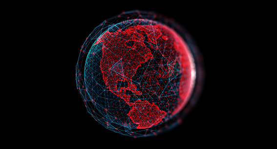 Connection lines Around Earth Globe, Theme Background with Light Effect. Earth from space at night with a digital communication system.