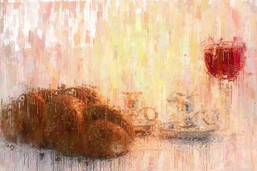 oil painting style abstract image of shabbat. challah bread, shabbat wine and candles