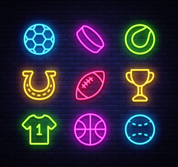 sport kollektion symbole neon-stil. sport set von leuchtreklamen. isolierte symbole auf sport, fußball, basketball, tennis, baseball. vektor-illustration - rugby shirt stock-grafiken, -clipart, -cartoons und -symbole