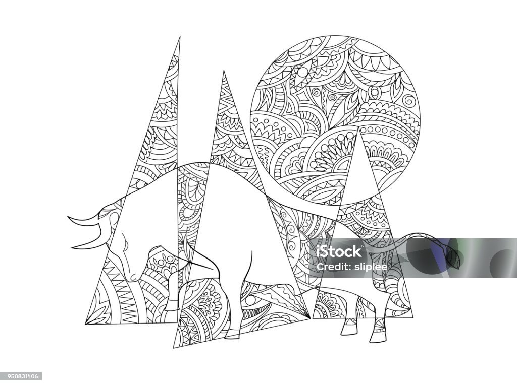 geometric zen composition with bull Hand drawn geometric ornamental composition with bull in zen style. Monochrome image for adult anti stress and children coloring book, print for  home art and decorate wall, t-shirt print.  eps 10 Coloring Book Page - Illlustration Technique stock vector
