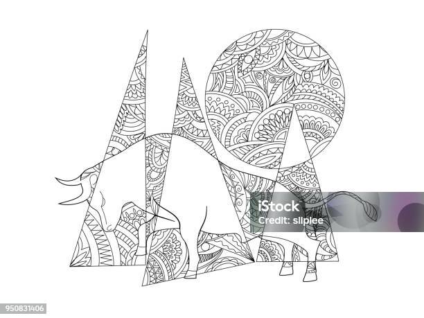 Geometric Zen Composition With Bull Stock Illustration - Download Image Now - Coloring Book Page - Illlustration Technique, Moon, Abstract