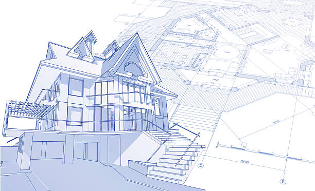 house blueprint: 3d technical concept draw  blueprint drawings stock illustrations