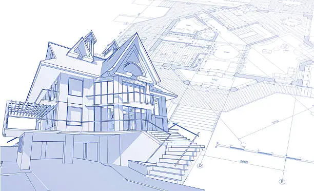 Vector illustration of house blueprint: 3d technical concept draw