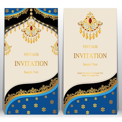 Indian Wedding Invitation Card Templates With Gold Patterned And Crystals  On Paper Color Background Stock Illustration - Download Image Now - iStock