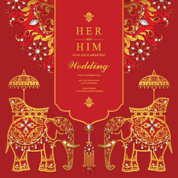 Wedding Invitation card templates with gold Elephant patterned and crystals on paper color Background. Wedding Invitation card templates with gold Elephant patterned and crystals on paper color Background. elephant art stock illustrations
