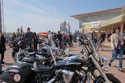 Kyiv, Ukraine, April 21, 2018: Opening of the motorcycle season in Kyiv. The group of motorcyclists on parking  territory of the International Exhibition Center in Kiev.