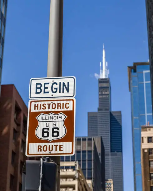 Sign marking the beginning of historic Route 66 in Chicago with Sears Tower and other buildings in the background.  Selective focus on the sign.