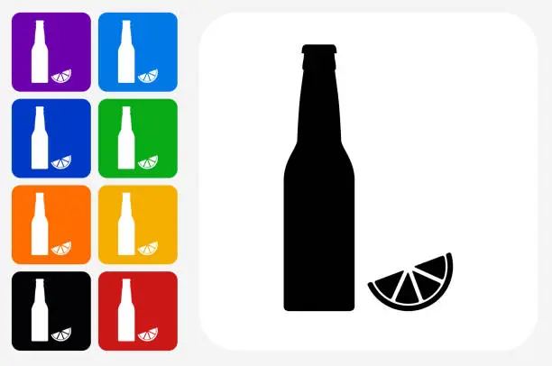 Vector illustration of Beer Bottle and Lime Icon Square Button Set