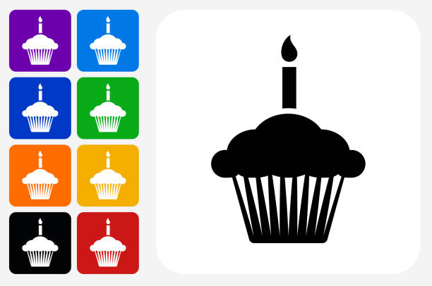 Birthday Cupcake Icon Square Button Set Birthday Cupcake Icon Square Button Set. The icon is in black on a white square with rounded corners. The are eight alternative button options on the left in purple, blue, navy, green, orange, yellow, black and red colors. The icon is in white against these vibrant backgrounds. The illustration is flat and will work well both online and in print. cupcake candle stock illustrations