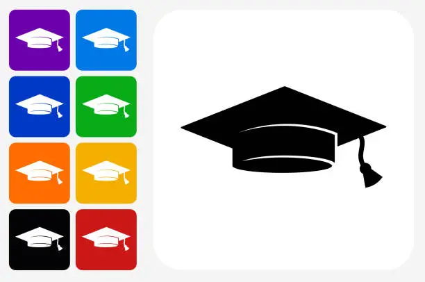 Vector illustration of Graduation Cap Icon Square Button Set