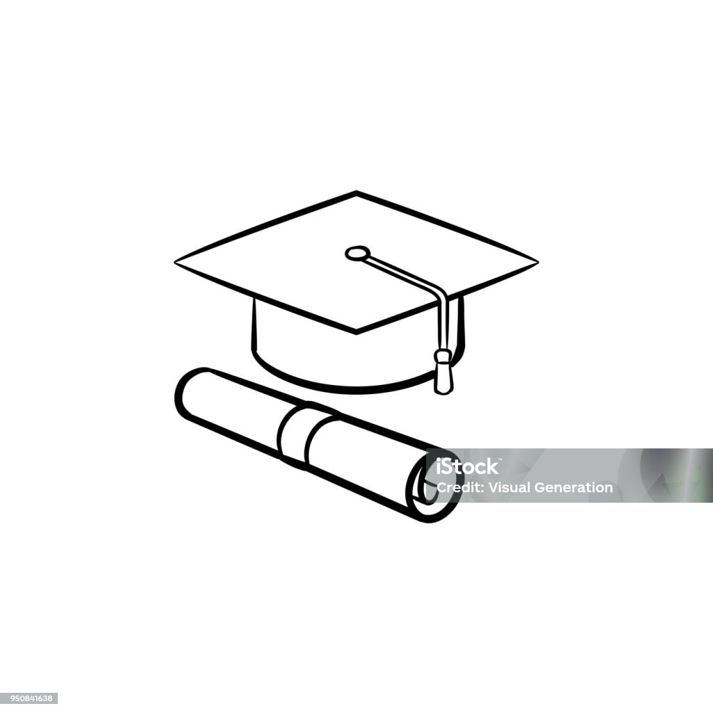 Cap of graduate and certificate hand drawn icon Cap of graduate and certificate degree hand drawn outline doodle icon. Vector sketch icon of graduation cap and degree certificate for print, web, mobile and infographics isolated on white background. Doodle stock vector